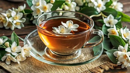 Wall Mural - transparent tea cup with jasmine tea on a background of flowers
