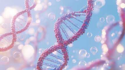 Poster - A mesmerizing display of a spiraling blue DNA double helix illuminated by soft, ambient light, surrounded by floating bubbles that create a serene and enchanting atmosphere