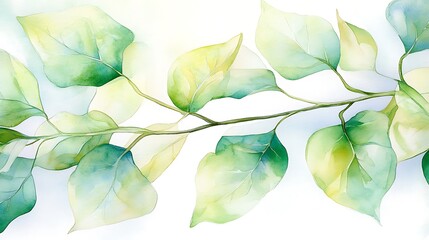 Poster - Watercolor painting of a branch with green leaves.