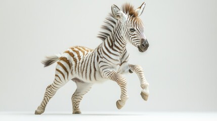 Adorable baby zebra foal running on white background.