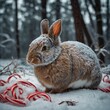 © atif - A rabbit with fur that resembles frosted gingerbread curling up in a candy cane forest.