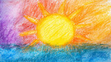 child crayon drawing of bright sun over colorful sky and sea