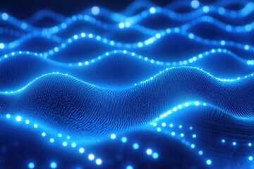 Poster - abstract blue glowing wave particles background.