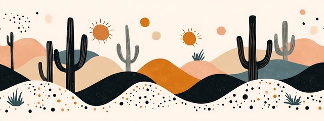 Poster - Abstract desert landscape with cacti and sun.