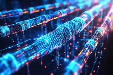 Fototapete - Futuristic digital data streams flowing through glowing network pipelines.