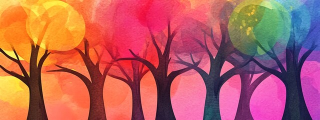 Poster - Colorful trees on watercolor background.