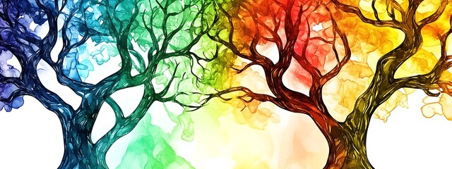 Poster - Two trees with colorful watercolor background.