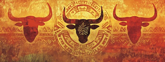 Poster - Three bull heads with tribal design.