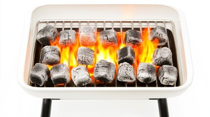 Poster - A compact grill with glowing charcoal and flames, perfect for outdoor cooking and barbecue gatherings.