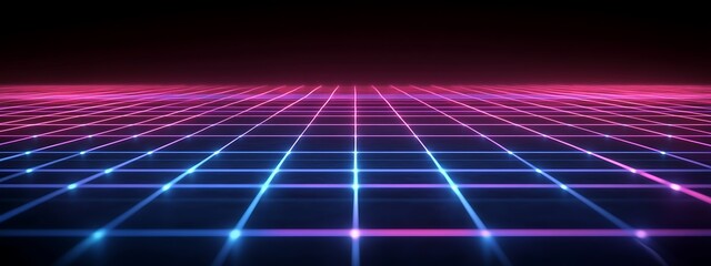 Poster - Neon grid in perspective with pink, blue light.