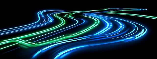 Fototapete - Wavy blue and green neon light trails.