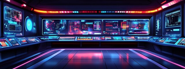 Aufkleber - Futuristic spaceship interior with glowing screens.