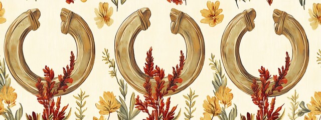 Poster - Seamless pattern with antique tusks and flowers.