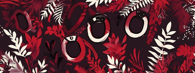 Poster - Red and white floral pattern with eye-like circles.