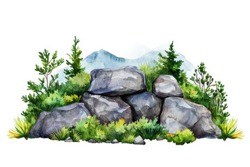 Wall Mural - Scenic Watercolor Composition of Rocky Nature Elements