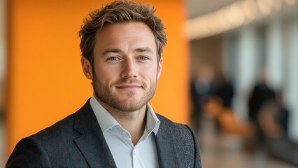 Confident businessman with a suit and a smile in a office background, He looking at the camera