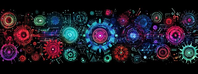Poster - Colorful digital gears and circuits on black.