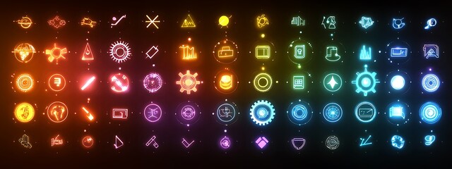 Poster - Colorful neon glowing HUD futuristic icons.