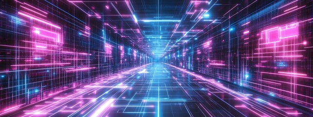 Fototapete - Neon light tunnel.