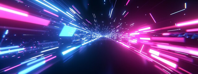 Fototapete - Neon light trails speed through dark tunnel.