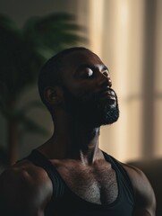 Aufkleber - A diverse man engages in mindfulness meditation in a softly lit studio, illustrating a tranquil state of mental well-being.