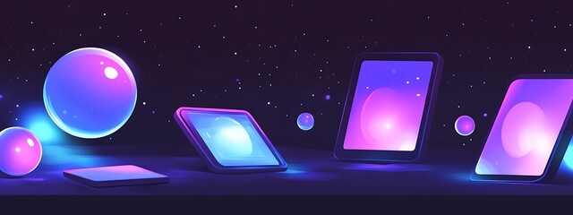 Poster - Neon glowing spheres and screens in dark space.