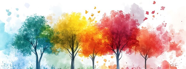 Poster - Colorful watercolor trees and leaves.