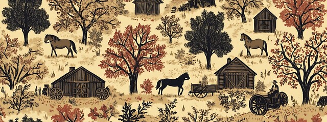 Poster - Rustic autumn farm scene with horses, barns, and trees.