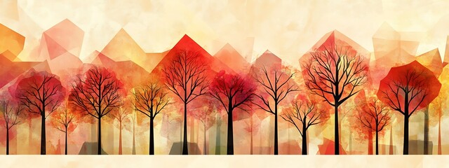 Poster - Autumn forest with colorful geometric background.