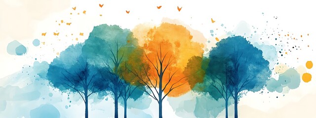 Poster - Watercolor trees with butterflies.
