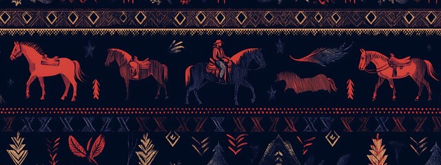 Poster - Dark seamless pattern with horses and ethnic ornament.