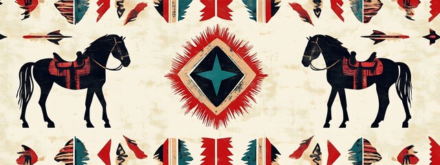 Poster - Horses with saddles, arrows, and tribal elements.