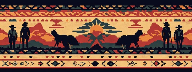 Poster - Pixel art cowboys at sunset, western tapestry.