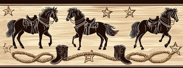 Poster - Western background with horses, boots, rope, and stars.