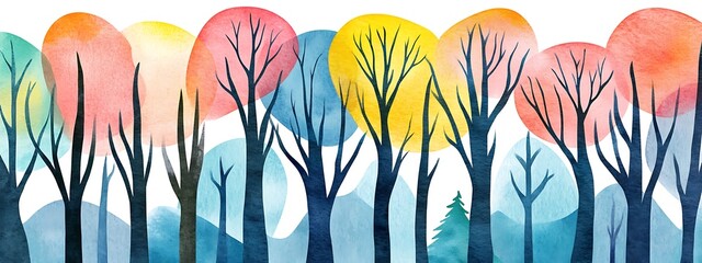 Poster - Colorful watercolor forest with bare trees and hills.