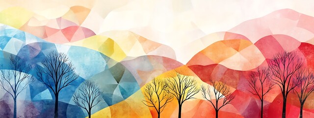 Poster - Colorful geometric mountains with trees.