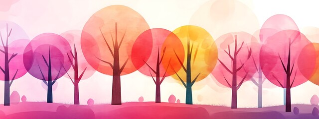 Poster - Colorful watercolor trees on a hill. (1)