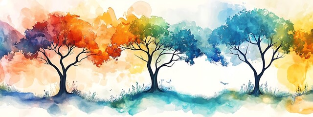 Poster - Colorful trees in watercolor style.