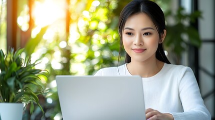 Poster - Cheerful Asian Businesswoman Sitting at Her Desk Focused and Productive While Working on Her Laptop in a Bright and Modern Office Setting