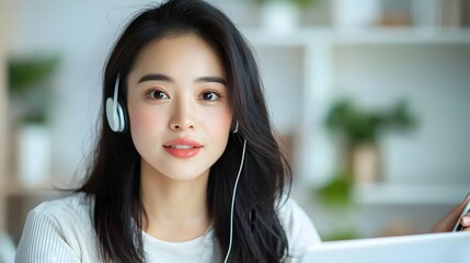 Aufkleber - Asian Woman Collaborating with Expert Advisors via Headset During Remote Work Session in a Modern White Tone Office Setting Writing Notes on Laptop