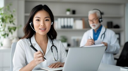 Aufkleber - Asian Professional Woman Collaborating Remotely with Advisors via Headset and Laptop in Minimalist White Tone Office
