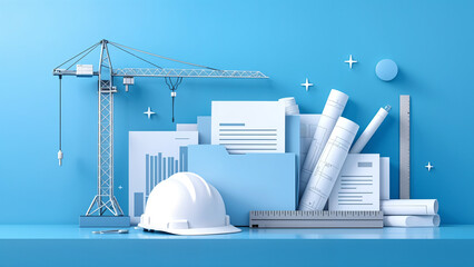 Poster -  abstract mix of objects and details on the theme of construction business and industry, with empty space for text. Generative AI