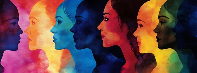 Poster - Diverse women's profiles in rainbow colors.