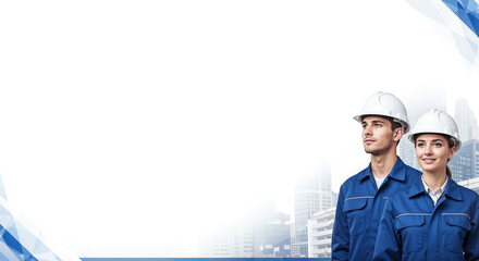 Poster - young woman and man in construction helmets on white background with blue geometric elements, mockup for banner or advertisement with empty space for text . Generative AI