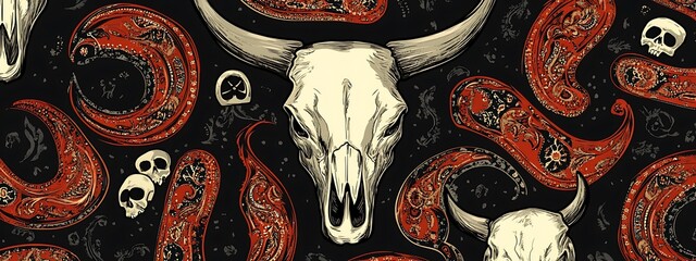 Poster - Seamless pattern with cow skull and bandana.