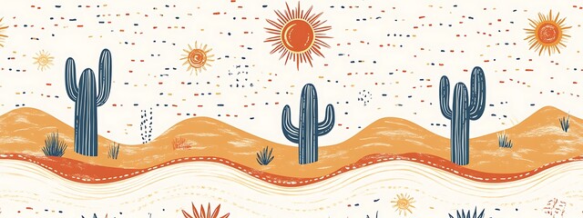 Poster - Whimsical desert landscape with cacti and suns.