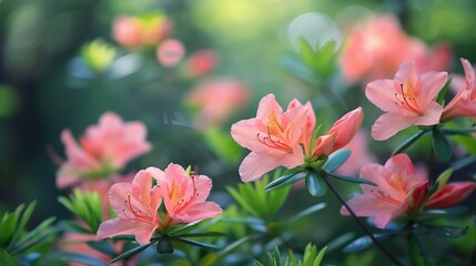 Wall Mural - Peach Azaleas in a Lush Garden: A Serene Springtime Bloom