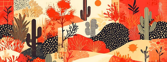 Aufkleber - Red abstract desert landscape with cacti.