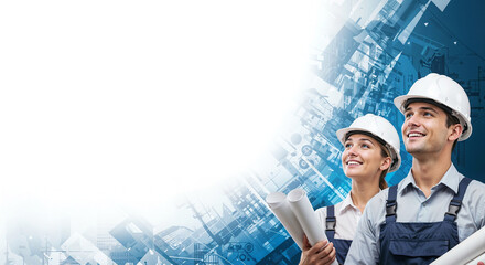 Poster - young woman and man in construction helmets on white background with blue geometric elements, mockup for banner or advertisement with empty space for text. Generative AI