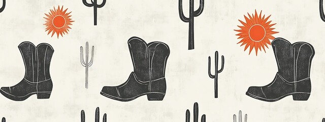 Poster - Seamless pattern with cowboy boots, cacti, and sun.